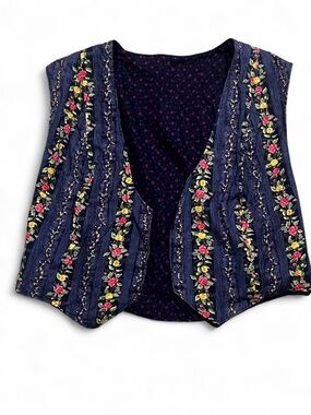 Floral Embroidered Navy Vest - handmade